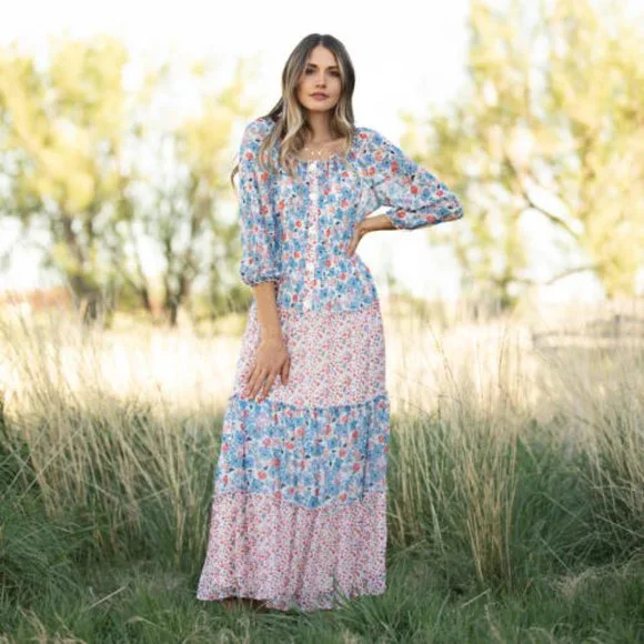 Dress Barn | Dresses | Blue White Floral Peasant Maxi Dress S Boho Prairie  Cottagecore Mixed Media | Poshmark